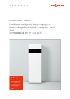 Chaudière à condensation gaz Viessmann Vitodens 111-F dans un décor minimaliste avec cadre de texte rouge à gauche.