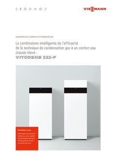 Brochure de la chaudière gaz à condensation Viessmann VITODENS 222-F. Deux unités blanches avec bandes noires sur fond gris.