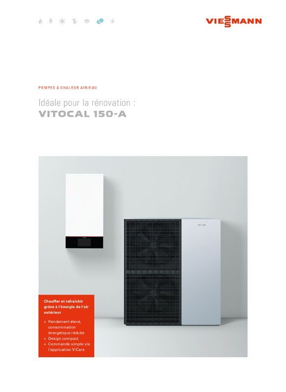 Pompe à chaleur Viessmann Vitocal 150-A : unité intérieure blanche et unité extérieure grise/noire sur fond gris clair.