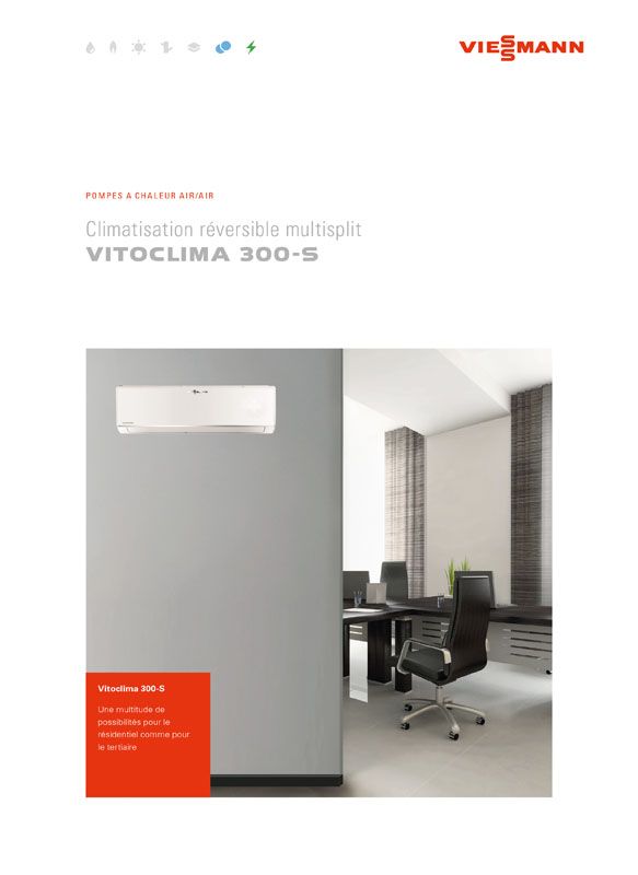 Couverture de la brochure du climatiseur Viessmann. Inclut une photo intérieure des bureaux et le nom du produit.