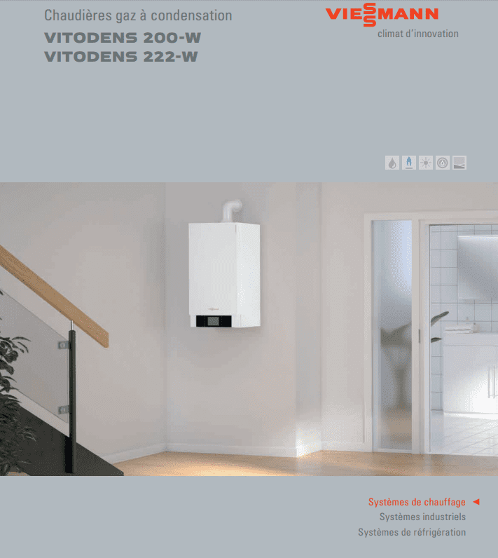 Chaudière à condensation gaz Viessmann Vitodens sur un mur blanc dans une pièce.