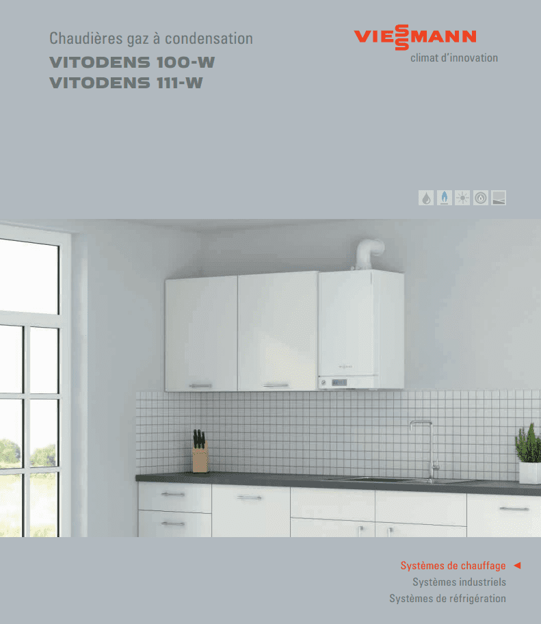 Brochure Viessmann : Cuisine avec chaudière gaz à condensation Vitodens 100-W/111-W, montée au mur.