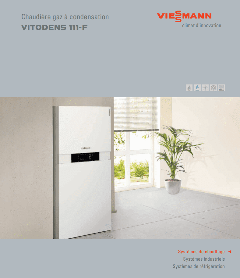 Chaudière gaz à condensation Viessmann Vitodens 111-F dans une pièce avec une plante et une fenêtre. Design blanc avec panneau de commande foncé.