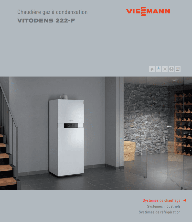 Chaudière gaz à condensation Viessmann Vitodens 222-F dans un intérieur moderne. Appareil blanc.