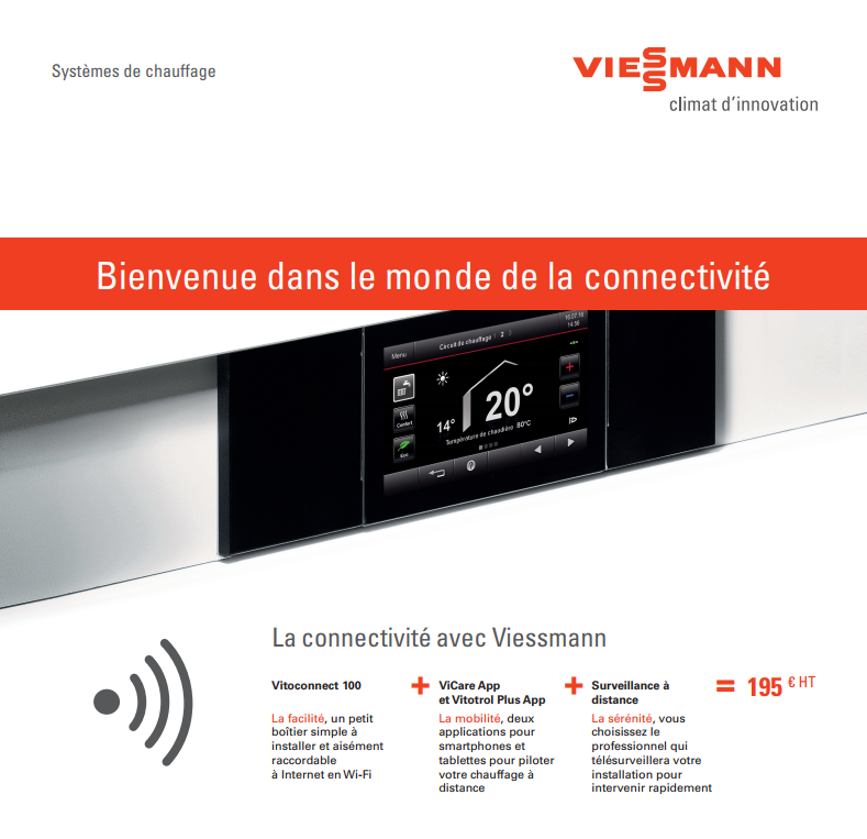 Viessmann brochure: A black control panel with a 20° display, Wi-Fi icon, and headline: 