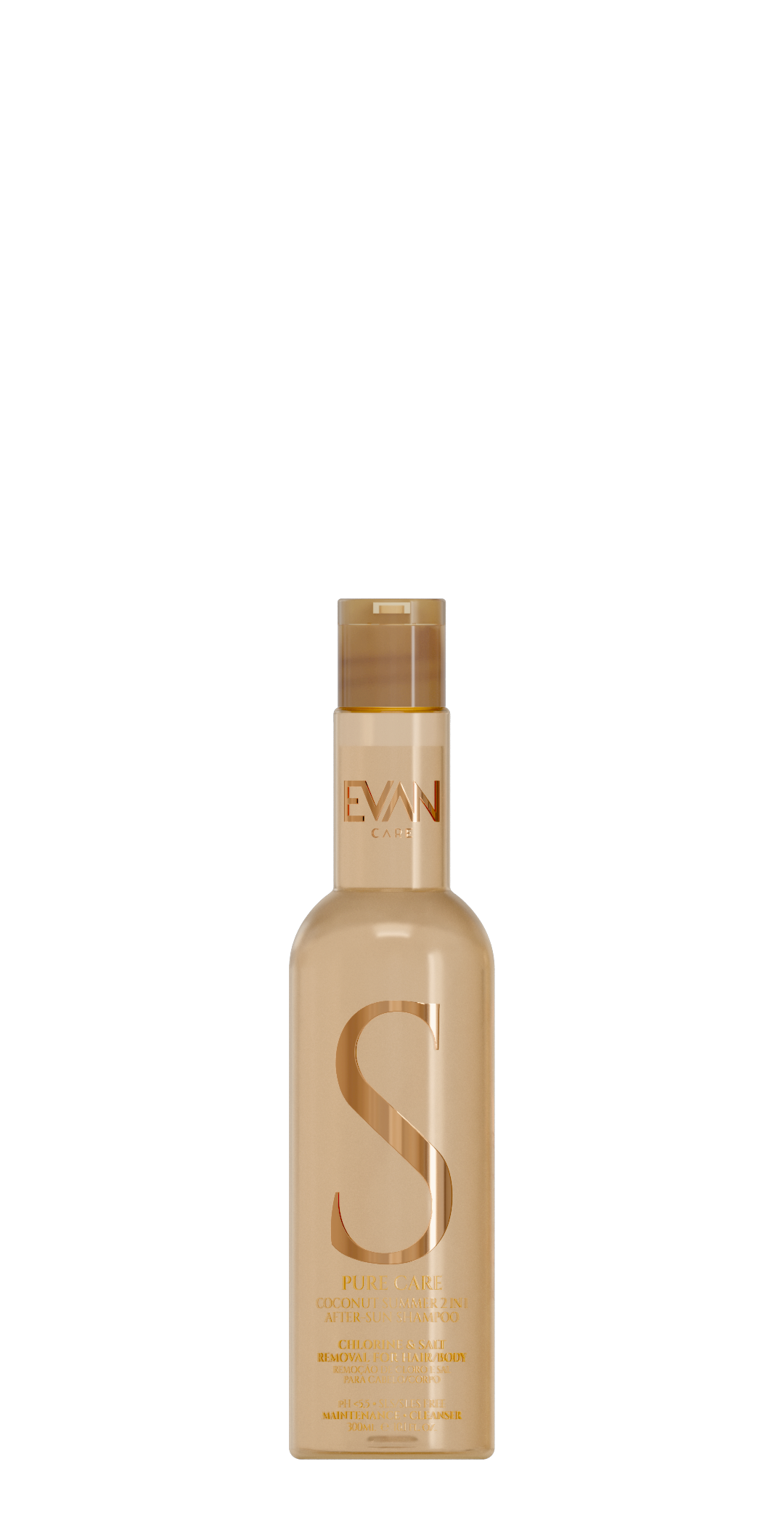 Una botella de loción con una bomba dorada sobre un fondo blanco.