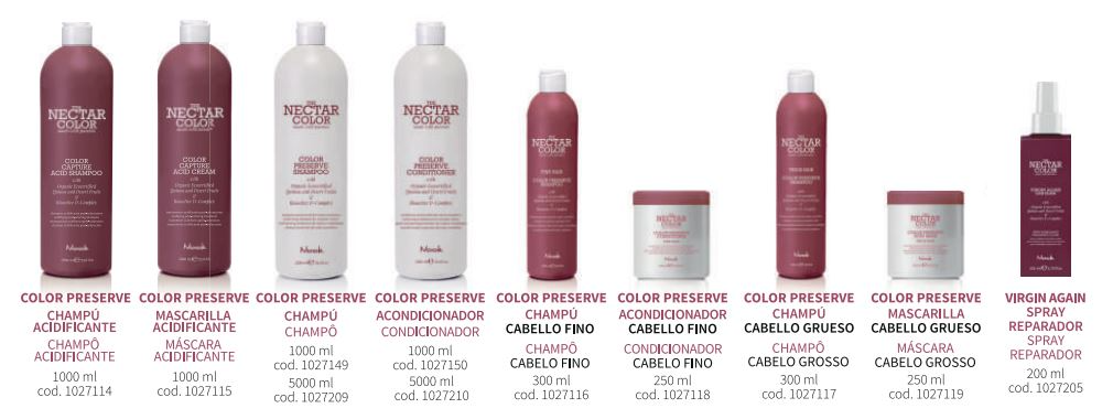 Una fila de botellas de productos para el cabello están alineadas en fila sobre un fondo blanco.