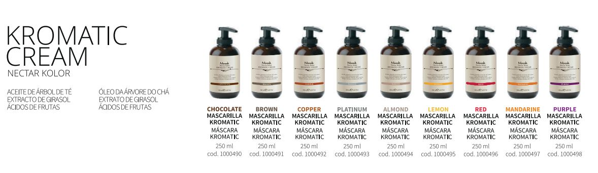 Varias botellas de crema cromática están alineadas en fila