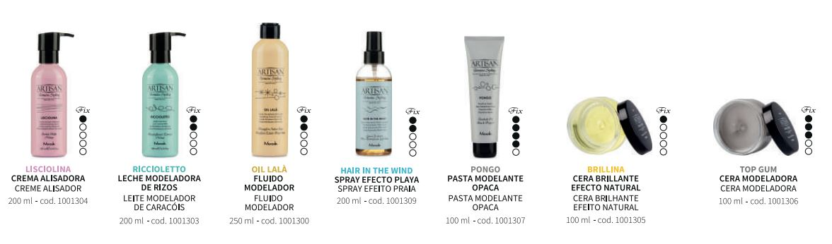 Una fila de diferentes tipos de productos para el cabello sobre un fondo blanco.