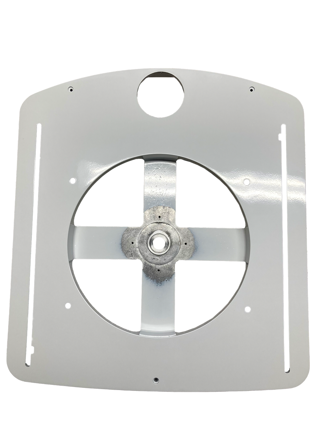 Ein weißes, rundes Objekt mit einem Loch in der Mitte auf weißem Hintergrund.