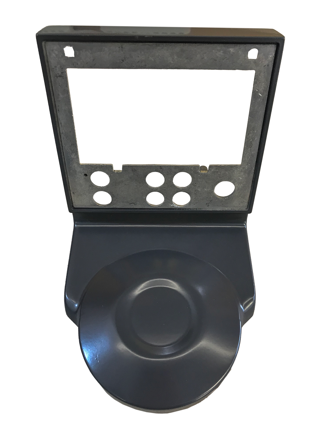 Ein schwarzes Objekt mit einem weißen Bildschirm und Tasten auf einem weißen Hintergrund.