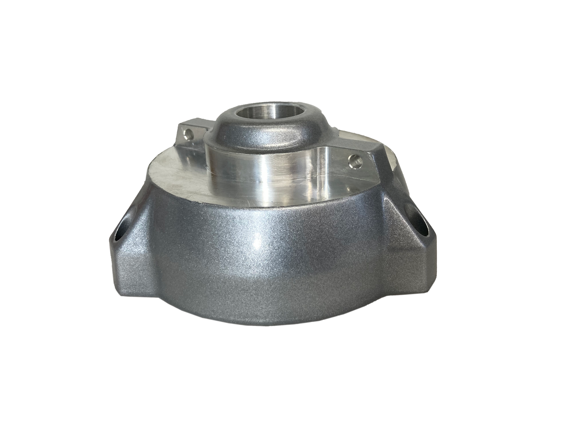 Ein Metallgegenstand mit einem Loch in der Mitte auf einem weißen Hintergrund.