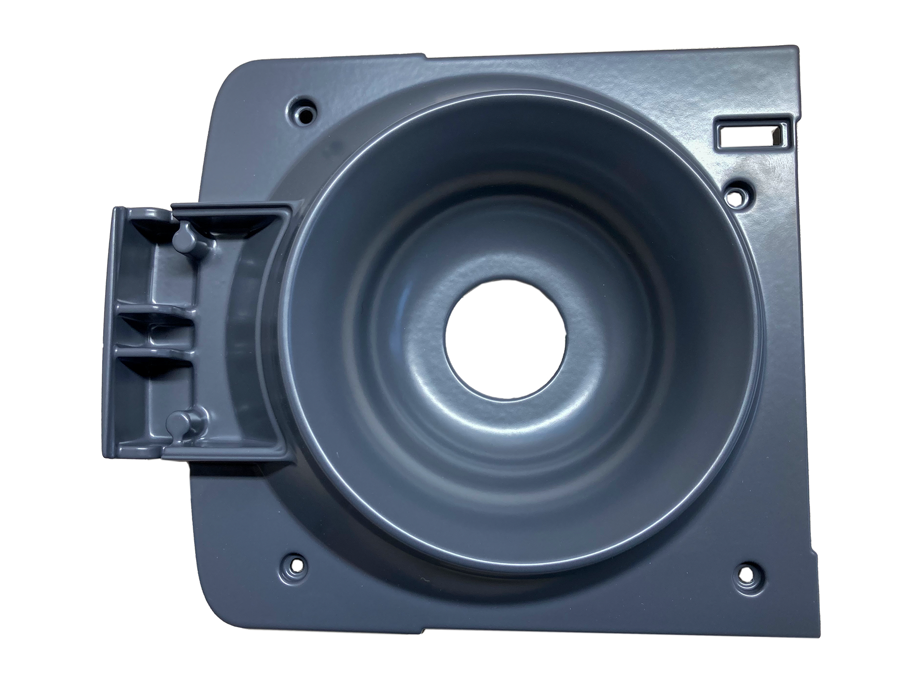 Ein grauer Kreis mit einem Loch in der Mitte auf weißem Hintergrund