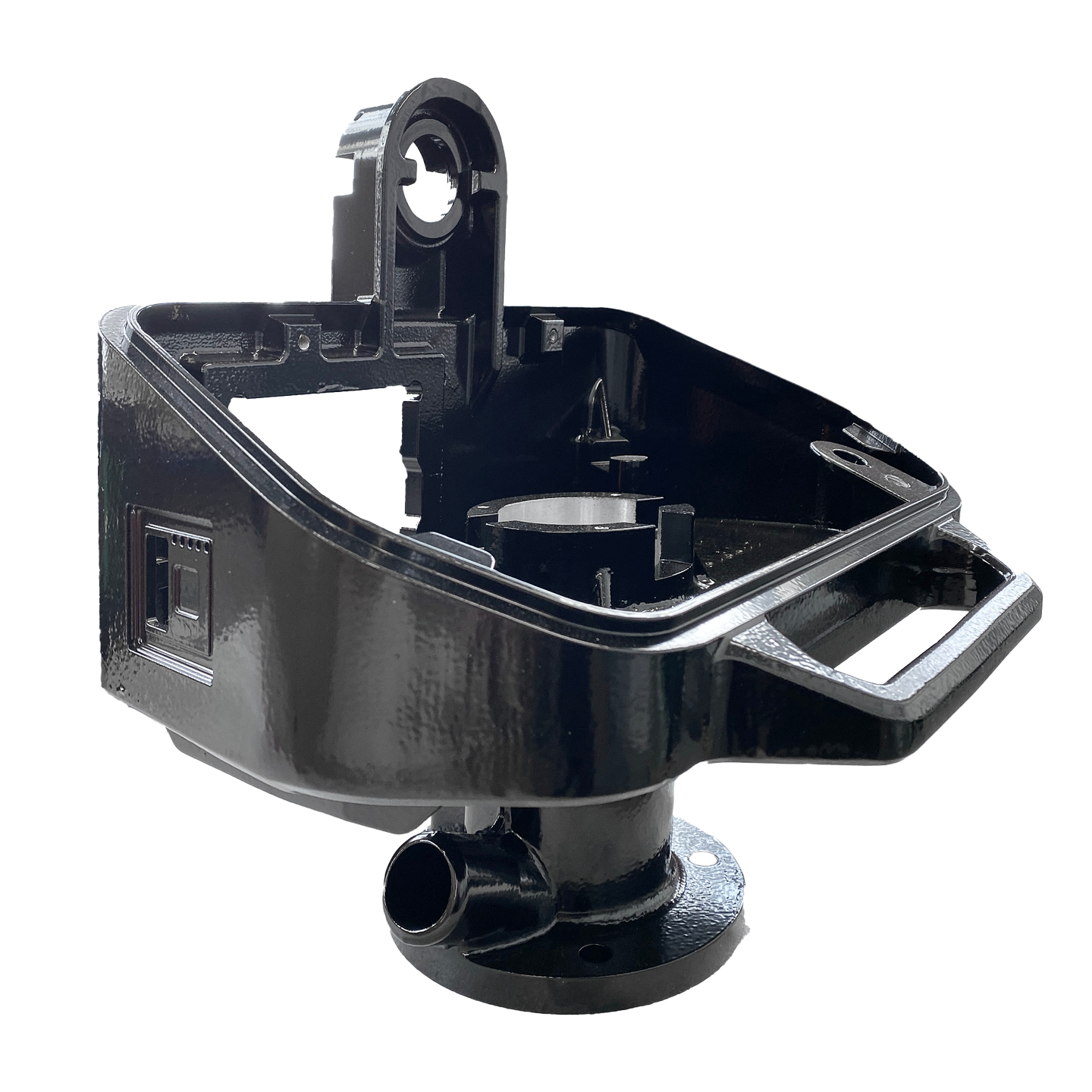 Ein schwarzer Plastikgegenstand mit einem Griff auf weißem Hintergrund.