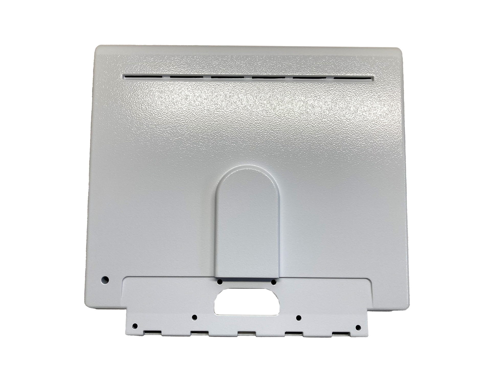 Auf weißem Hintergrund ist die Rückseite eines weißen Laptops zu sehen.