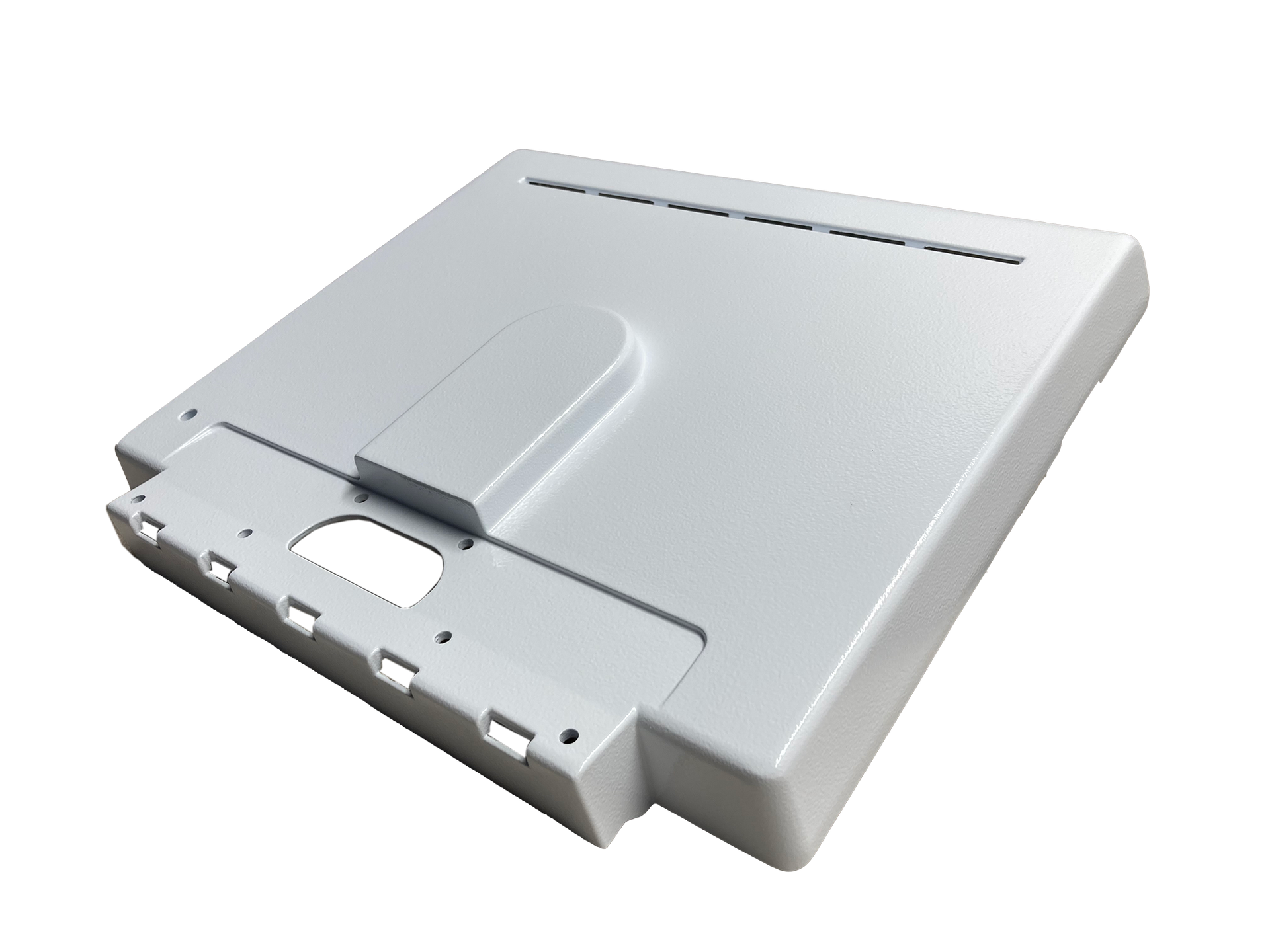 Ein weißer Kunststoffgegenstand mit Löchern darin auf weißem Hintergrund