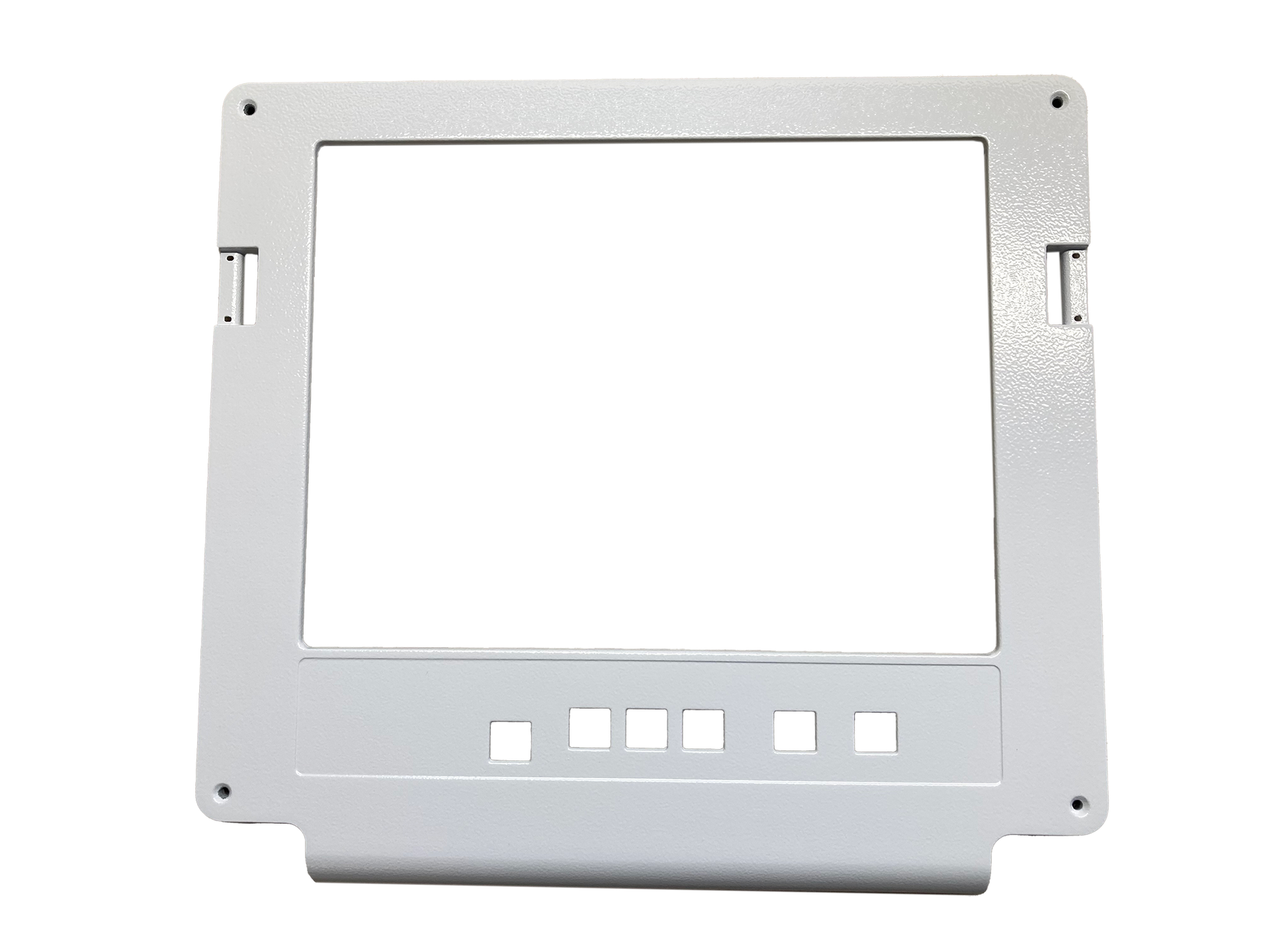 Auf einem weißen Hintergrund befindet sich ein weißer Rahmen mit Löchern.