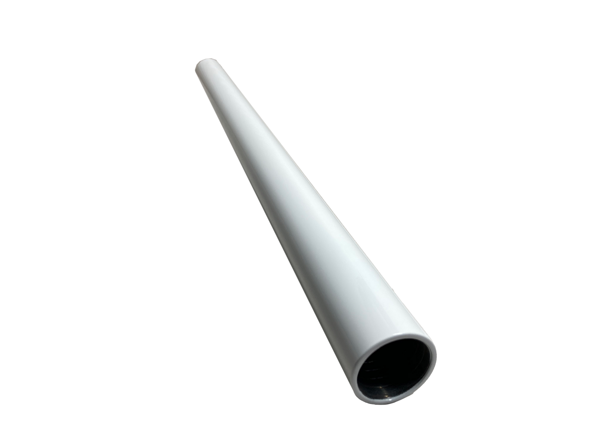 Ein weißes Rohr mit einem schwarzen Loch in der Mitte auf weißem Hintergrund.