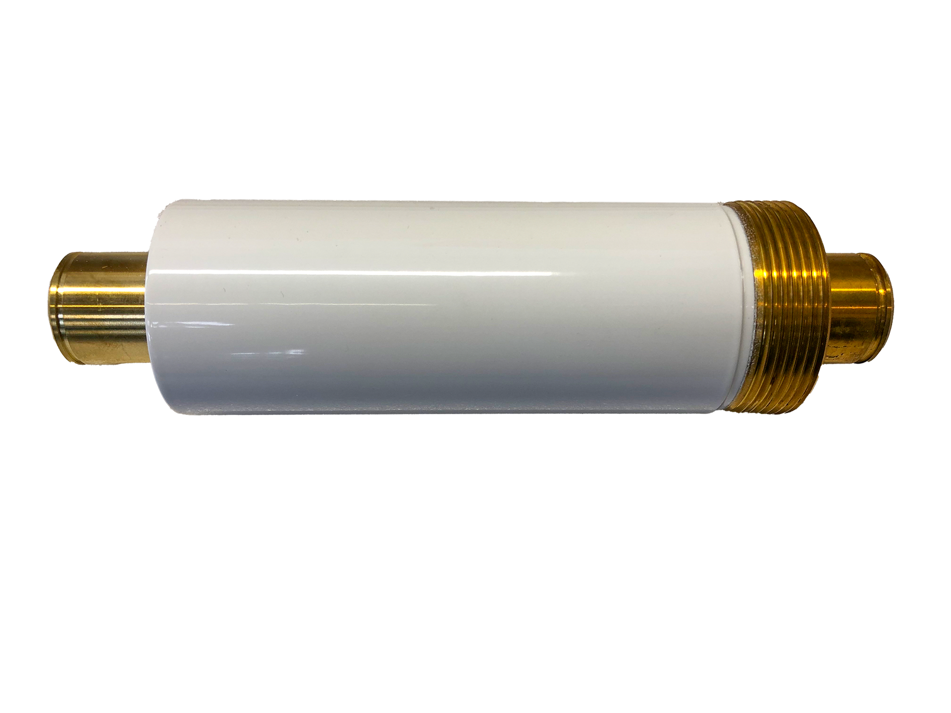 Ein weißer Zylinder mit einer goldenen Kappe auf weißem Hintergrund.