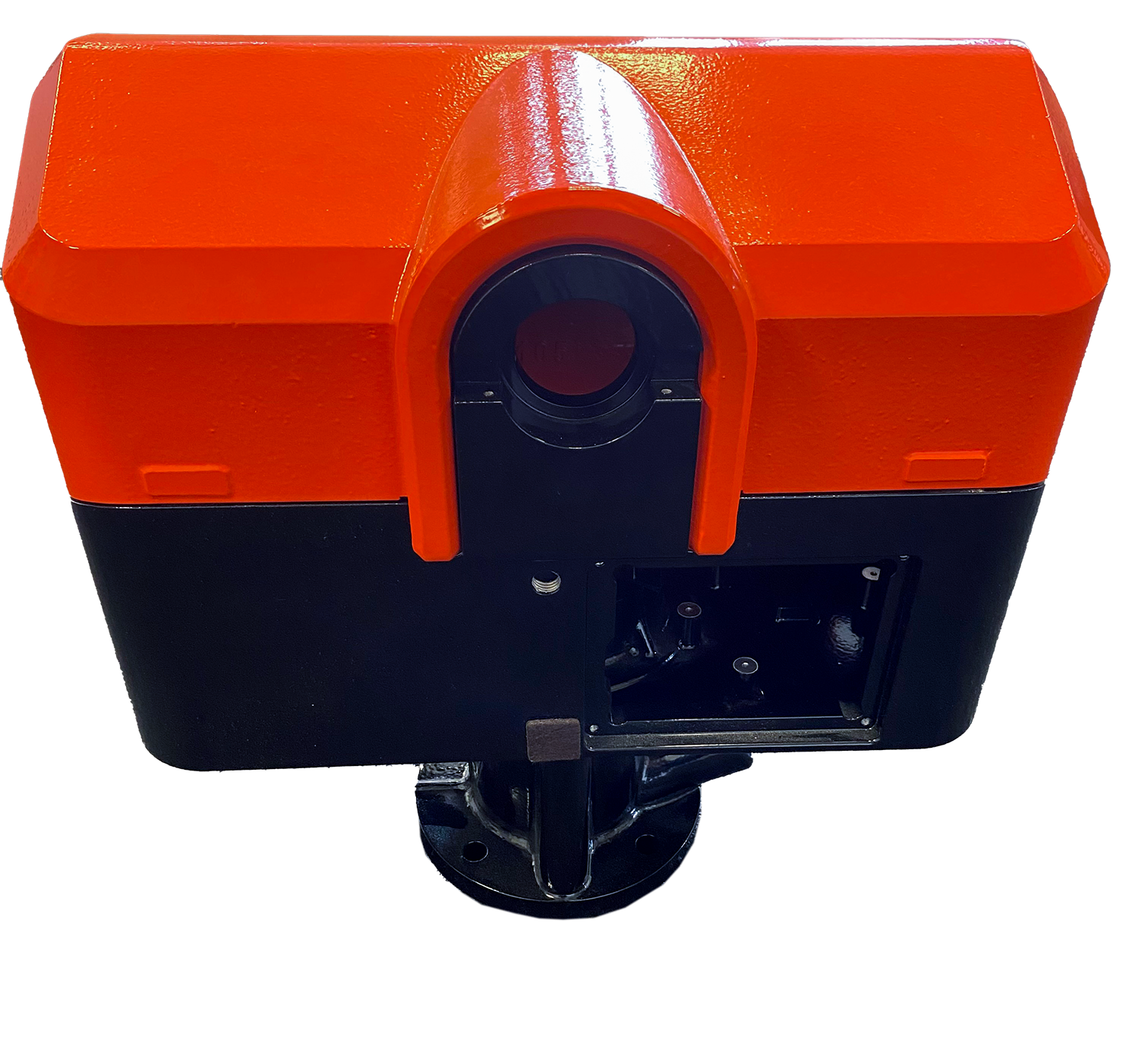 Eine orange-schwarze Box mit einem roten Licht auf der Oberseite