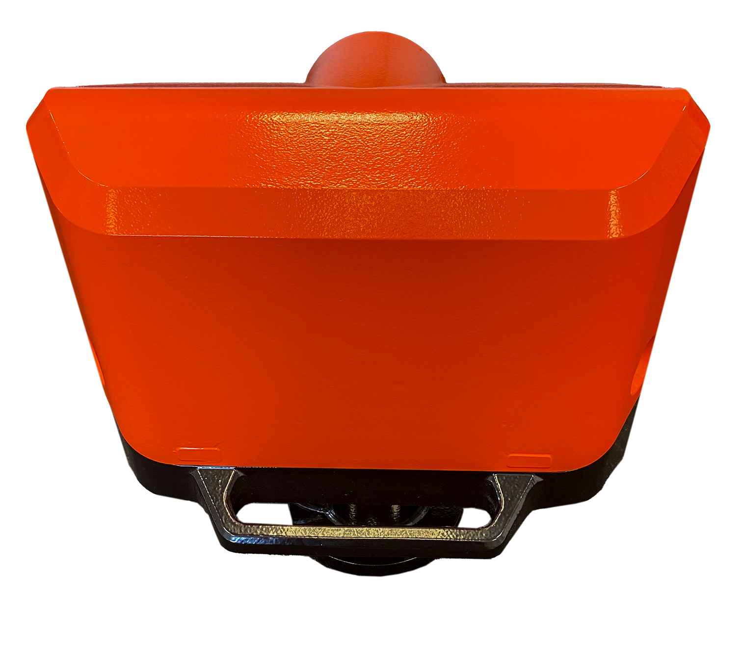 Ein orangefarbener Behälter mit schwarzem Griff auf weißem Hintergrund