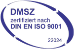 Ein blauer Kreis mit der Aufschrift „DMSZ zertifiziert nach DIN EN ISO 9001“ darin.