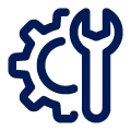 Icono de engranaje y llave inglesa de color azul oscuro que representa configuraciones o herramientas.