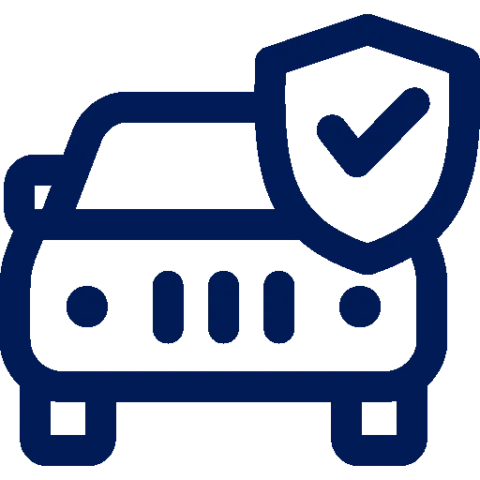 Icono de automóvil azul con un escudo y una marca de verificación, que representa el seguro del automóvil.