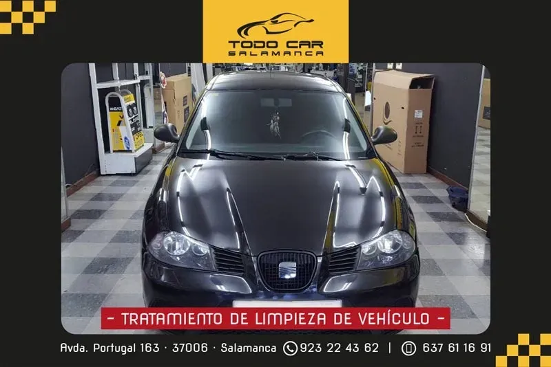 Coche negro en garaje con logo "TODO CAR SALAMANCA" y detalle de servicio de limpieza.