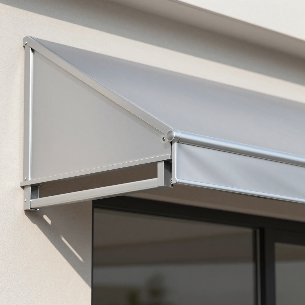 Toldo retráctil blanco sobre una ventana en la pared de un edificio de color claro.