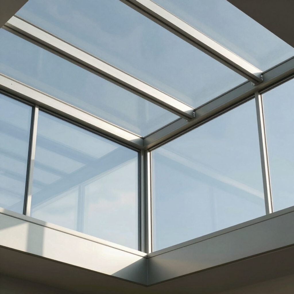 Techo con tragaluz de cristal y estructura metálica, con vista al cielo azul.