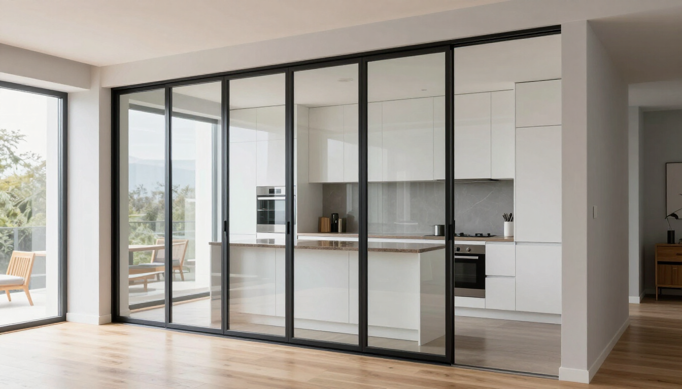 Cocina moderna de planta abierta detrás de puertas correderas de cristal con marcos negros en una habitación luminosa 
