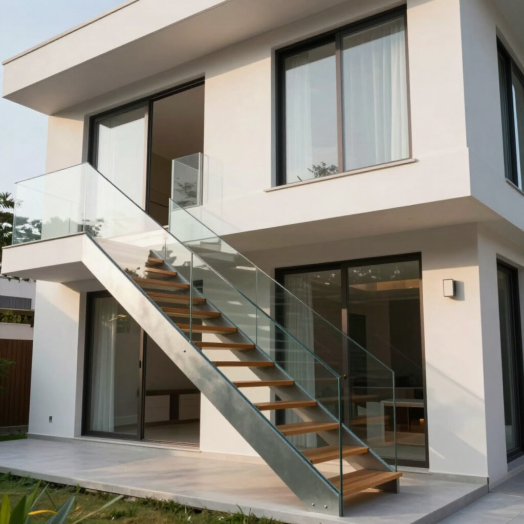 Casa moderna de dos plantas con escalera exterior con barandilla de cristal y grandes ventanales.