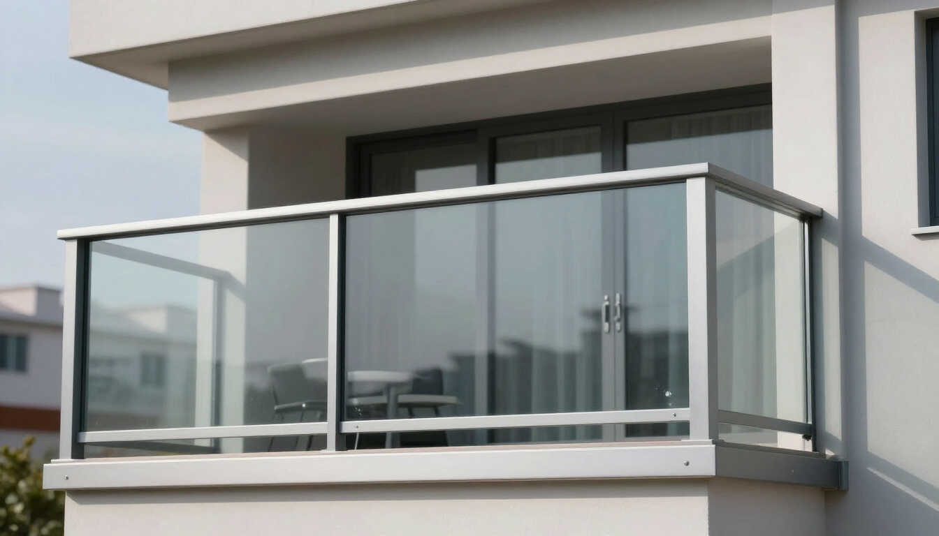 Balcón de cristal en un moderno edificio de apartamentos blanco.