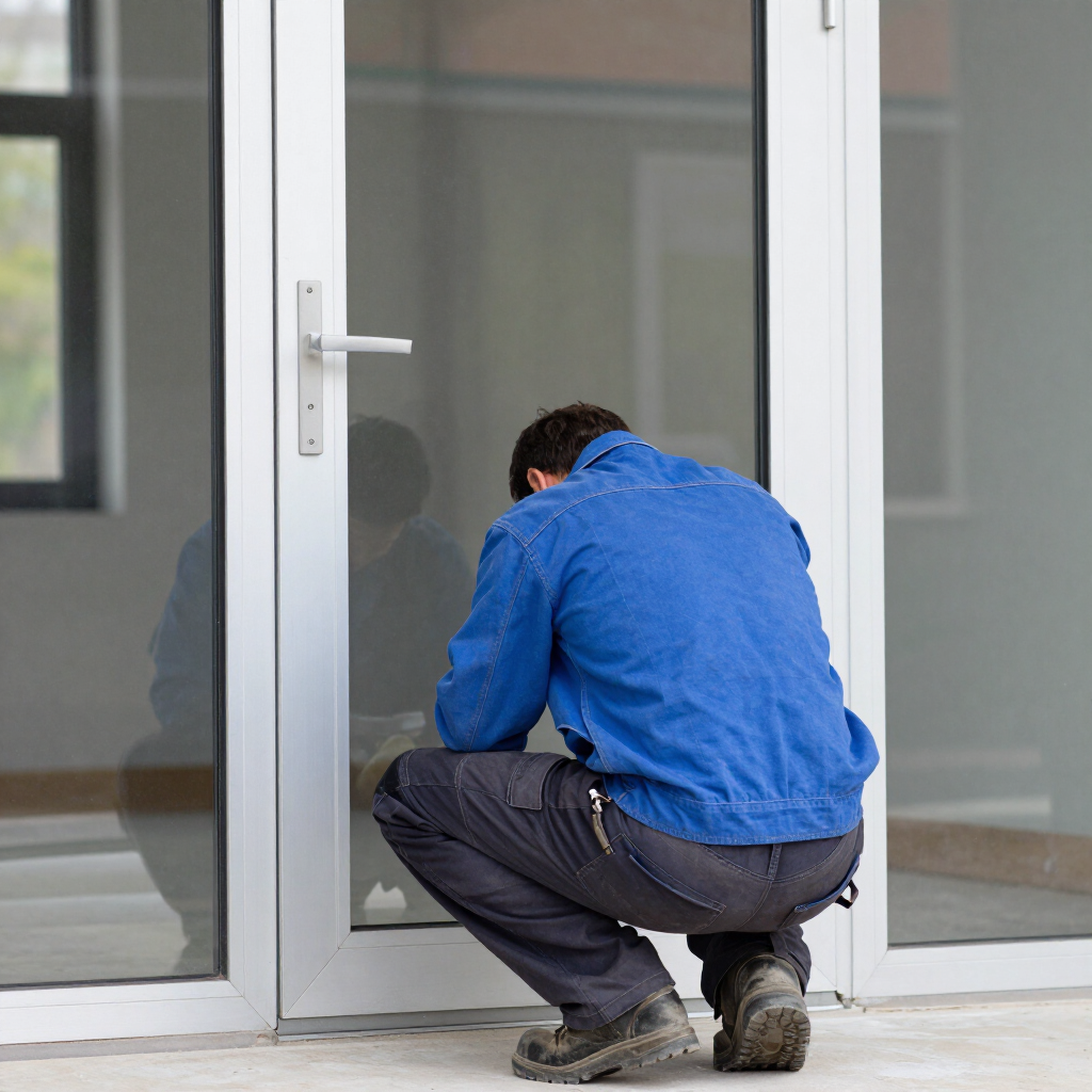 Un trabajador con una chaqueta azul se arrodilla junto a una puerta de cristal para arreglar la cerradura 