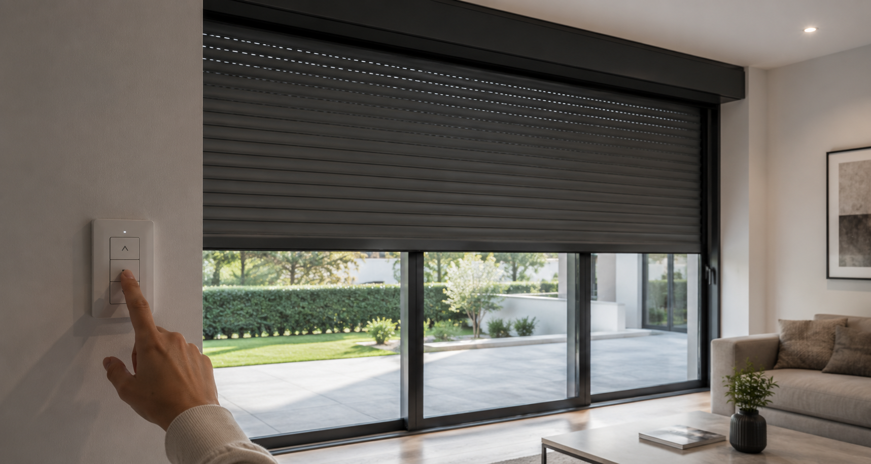 Apertura manual de una persiana enrollable sobre una sala de estar moderna con vista a un jardín 