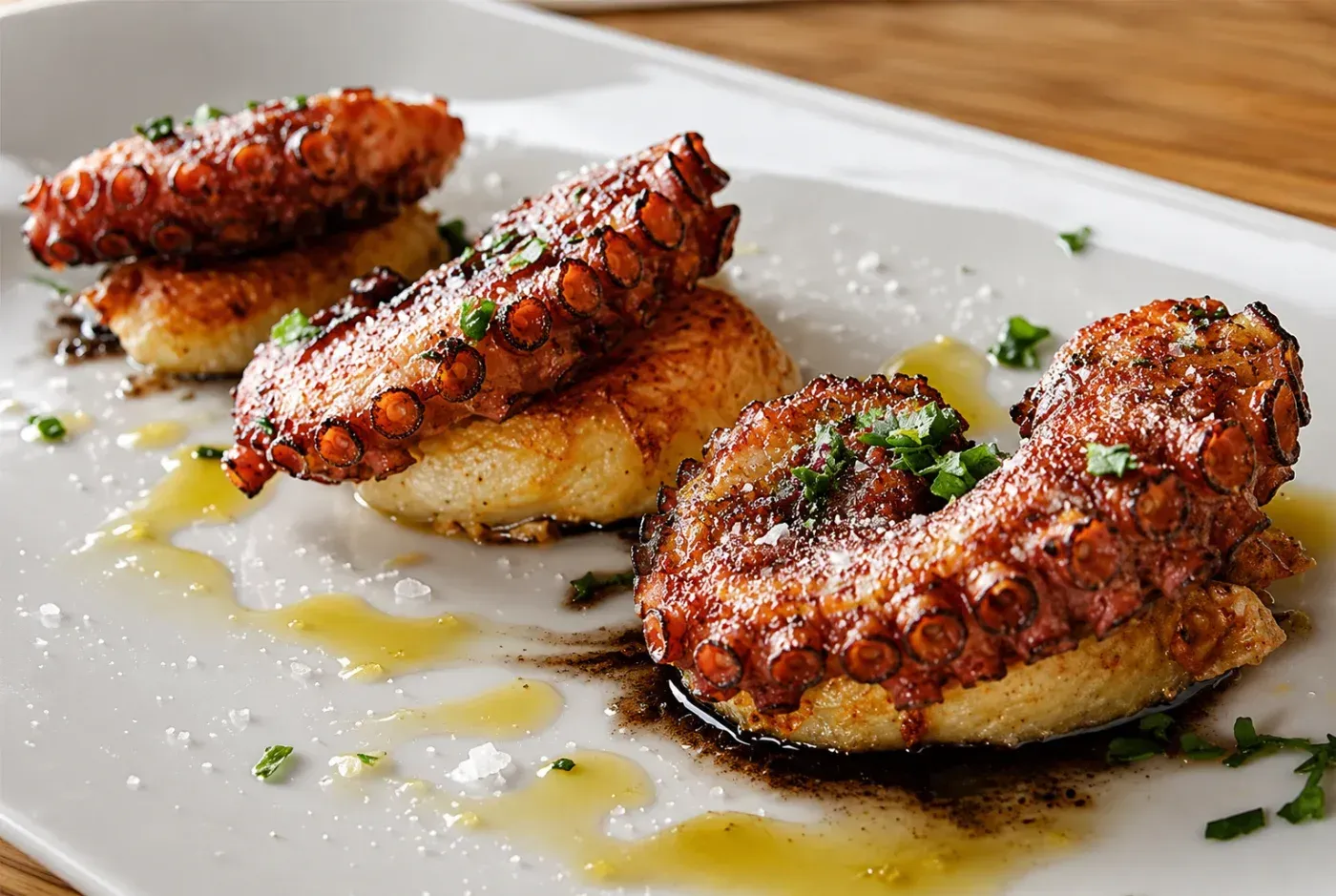 Tentáculos de pulpo a la parrilla sobre puré cremoso, rociados con aceite de oliva en un plato blanco.
