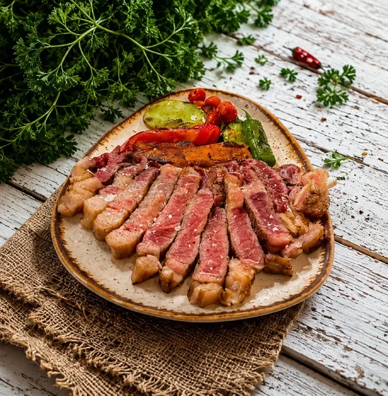 Filete poco hecho en rodajas con verduras a la parrilla en un plato rústico sobre una mesa de madera con hierbas aromáticas.