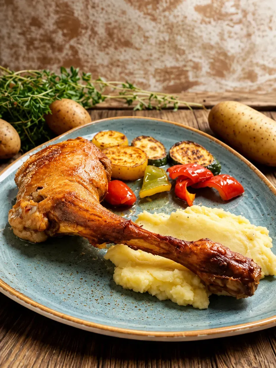 Muslo de pollo asado con puré de patatas, patatas y tomates en un plato azul.