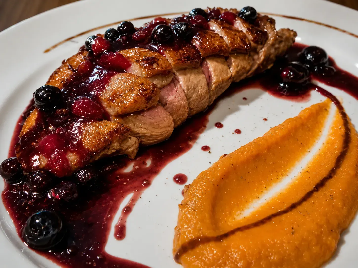 Pechuga de pato sellada con salsa de frutos rojos y puré de naranja en un plato blanco.
