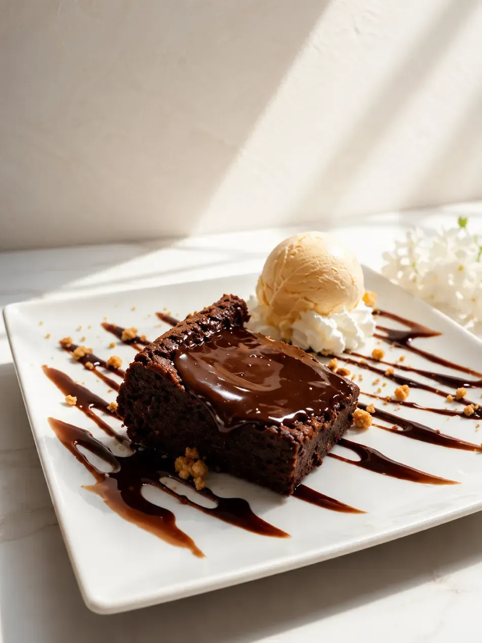 Brownie de chocolate con helado y sirope de chocolate en un plato blanco.