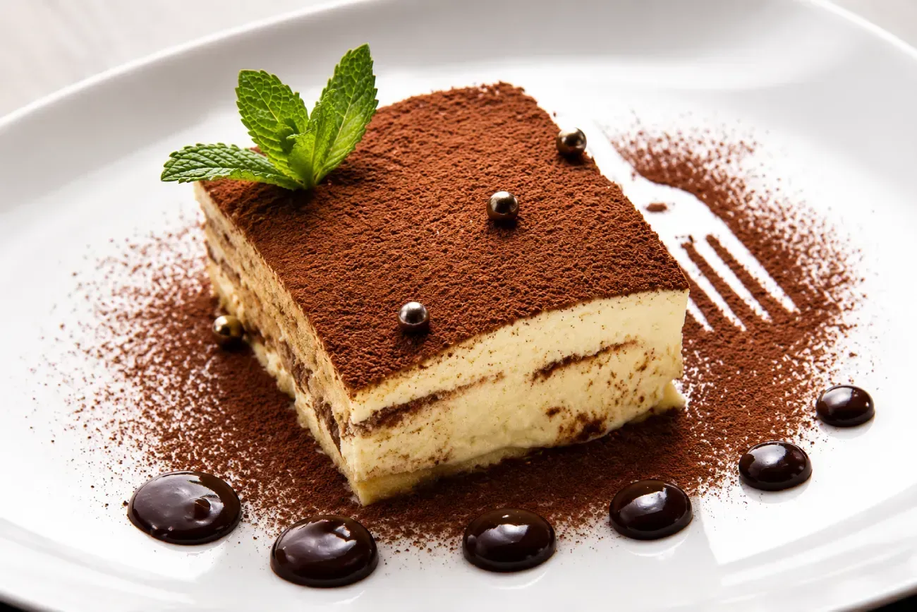 Porción de tiramisú en plato blanco, espolvoreada con cacao y decorada con hojas de menta.