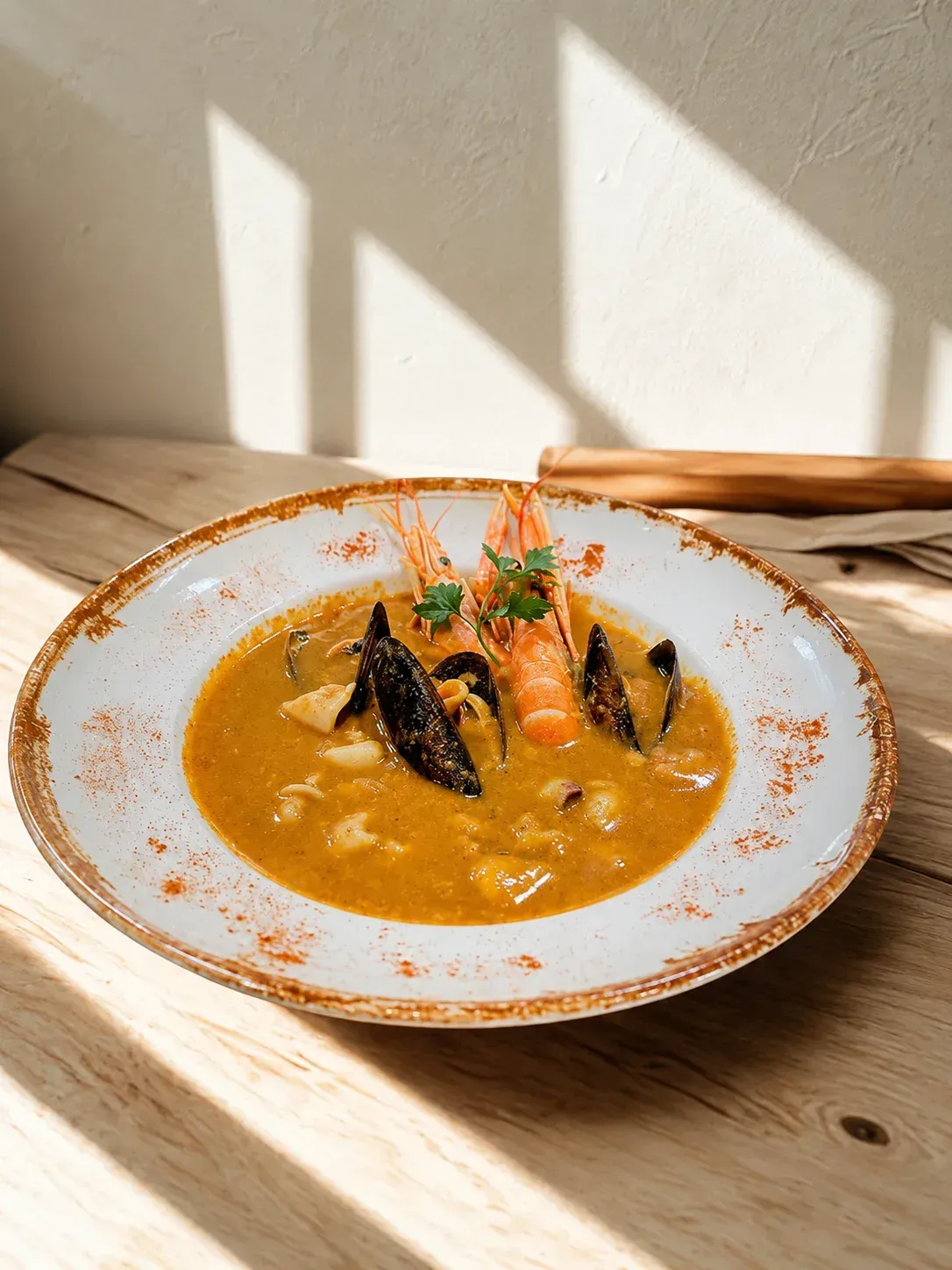 Paellera negra con arroz oscuro, adornada con rodajas de limón sobre una mesa rústica.