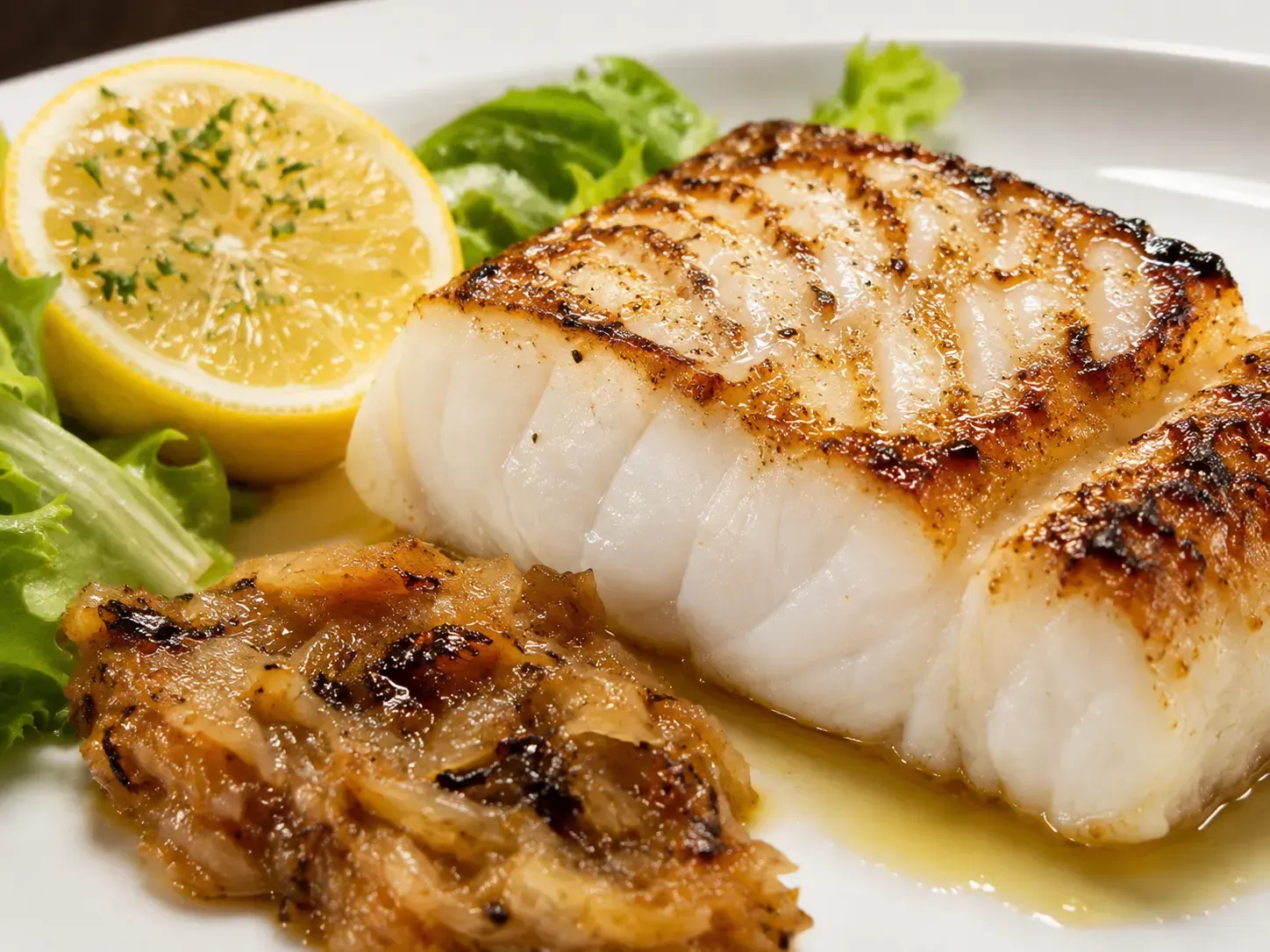 Filete de pescado blanco a la parrilla con rodaja de limón y salsa en un plato, adornado con lechuga.