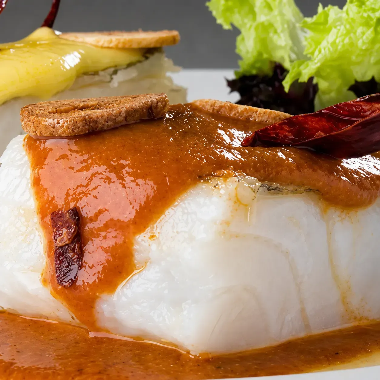 Filete de pescado blanco con salsa marrón y guarnición en un plato, servido con lechuga y una salsa aparte.