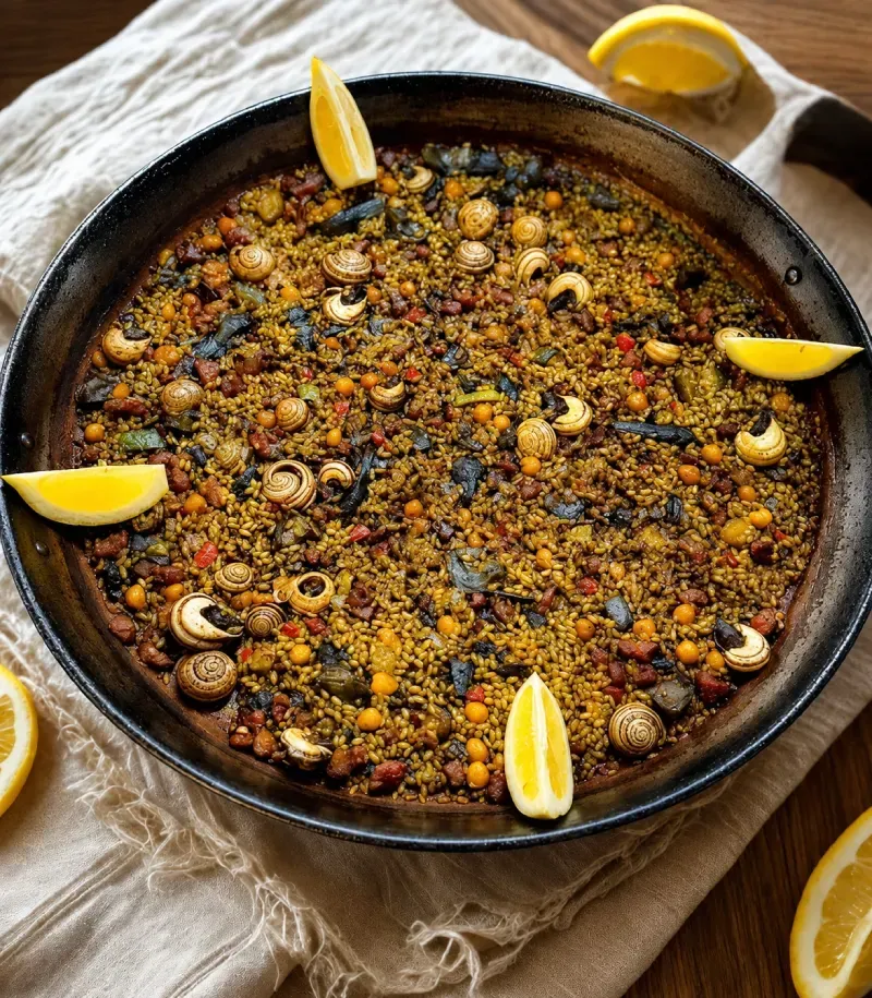 Plato especiado horneado en una fuente redonda, adornado con rodajas de limón y ajo en rodajas sobre un paño de lino.