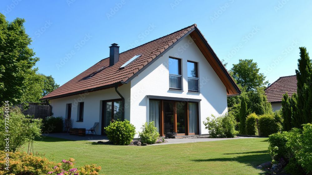 Weisses Haus mit braunem Dach und grünem Rasen unter blauem Himmel.