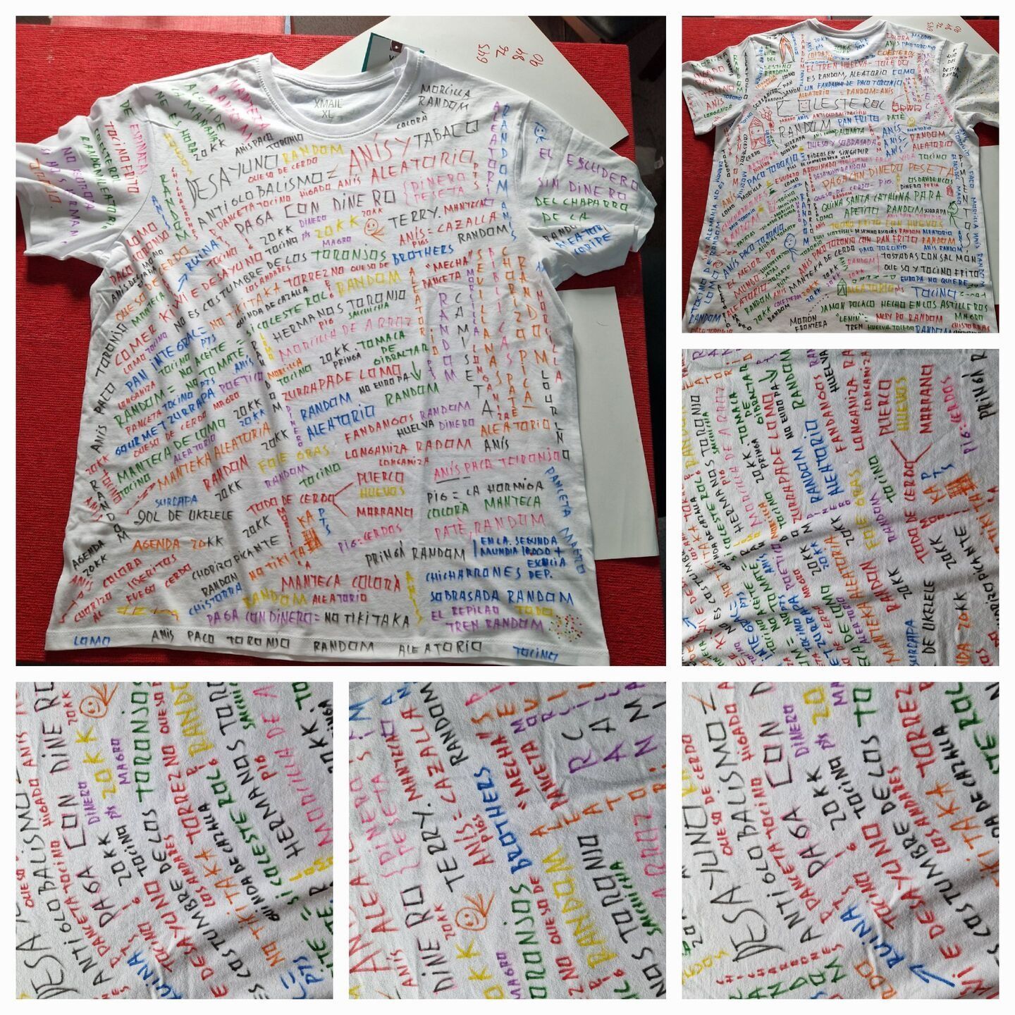 Camiseta blanca cubierta con texto escrito a mano en color, con primeros planos que muestran detalles de la escritura.