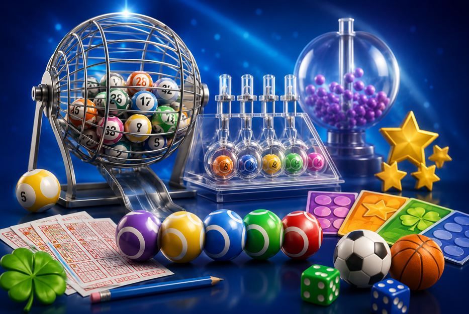 Pelotas deportivas de colores y piezas de juego dispuestas sobre una superficie azul junto a una jaula de lotería y botellas.