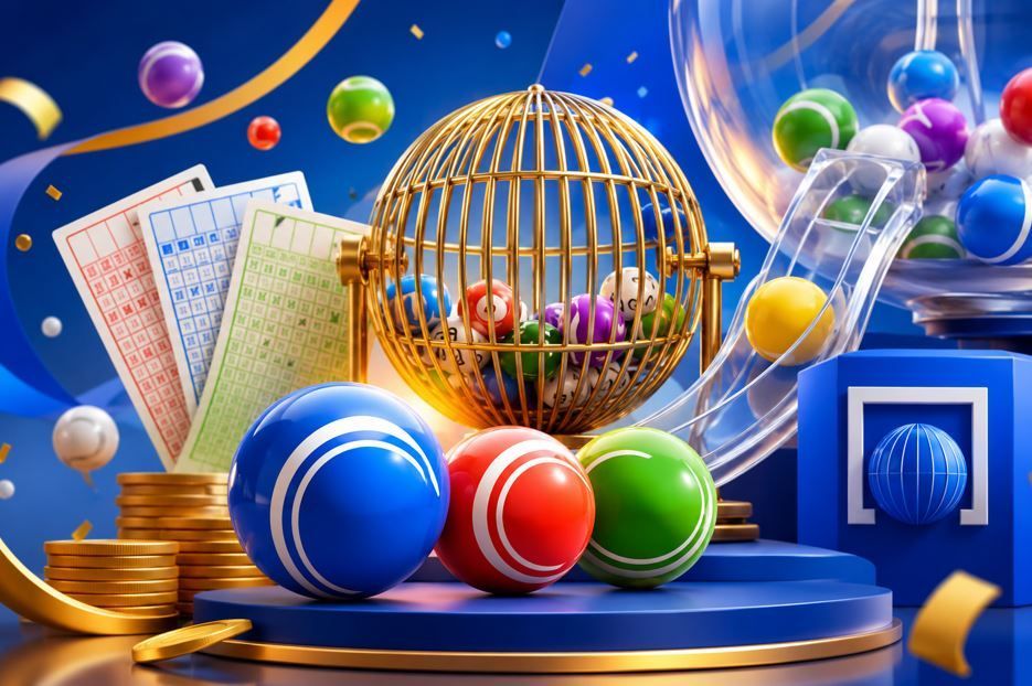 Bolas de lotería de colores y boletos numerados junto a una jaula de oro y pilas de monedas sobre una superficie azul.